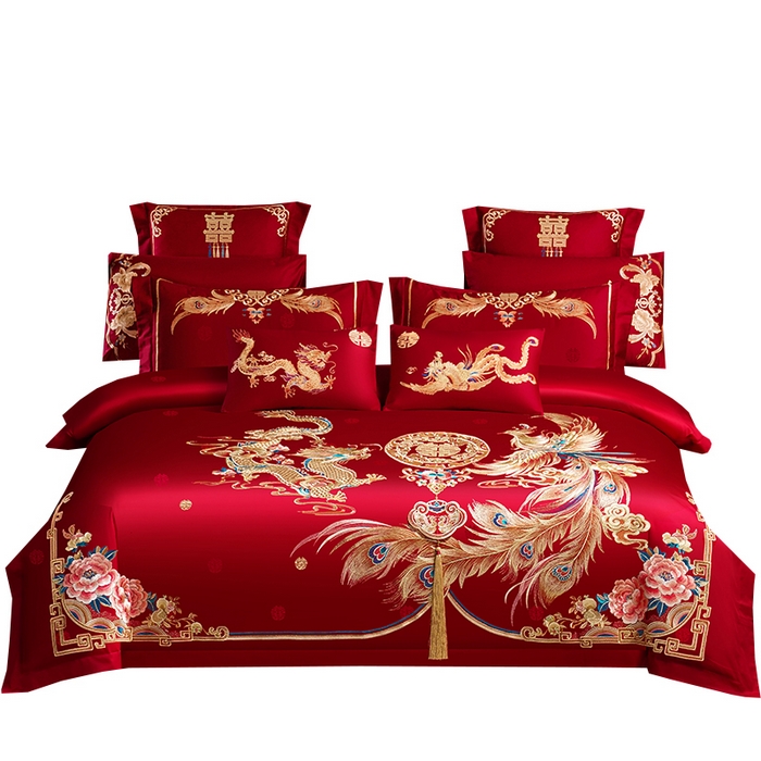 千禧家纺 2025年大版提花工艺绣花婚庆套件 天配龙凤