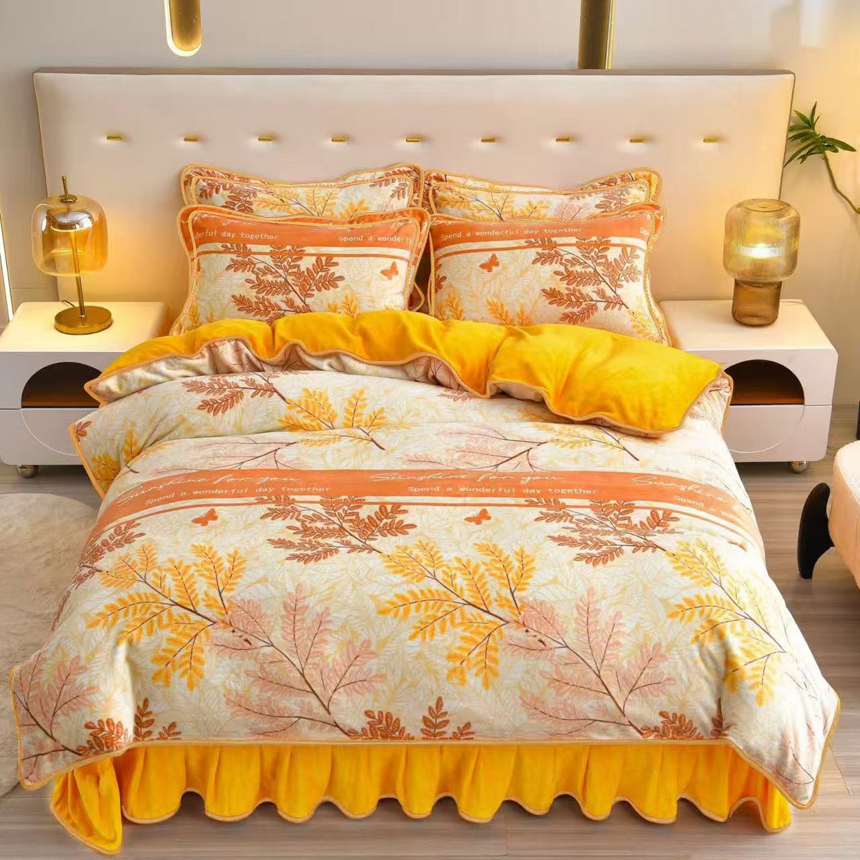 91家纺网 家纺一手货源 找家纺 亿品2025直播爆款9.5斤牛奶绒四件套加厚保暖床裙四件套 秋意浓