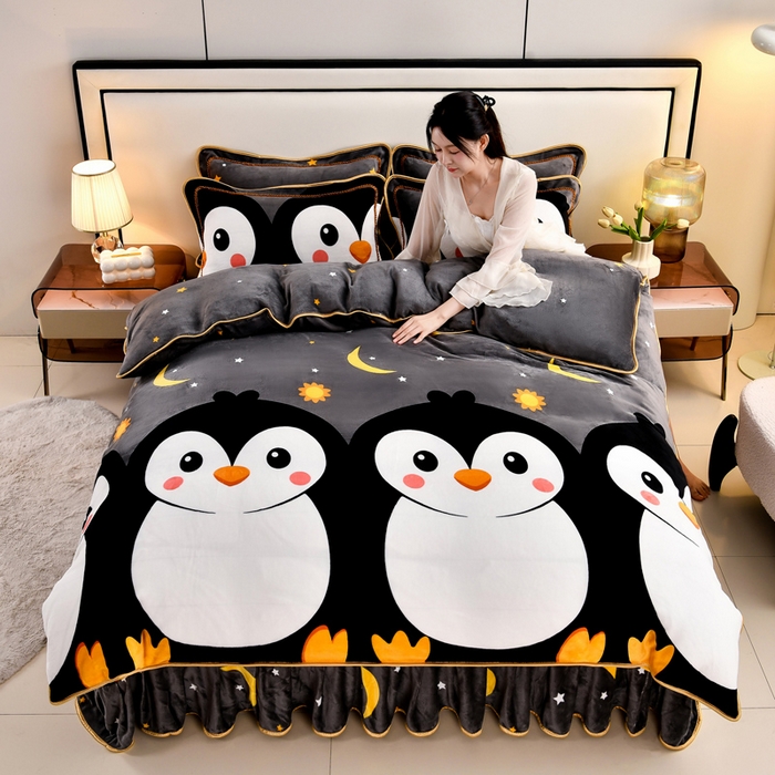 雨洋2025新款加厚保暖8.5斤牛奶绒金貂婴儿绒四件套企鹅