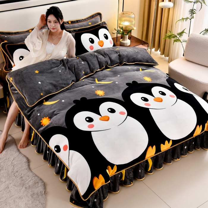 91家纺网 家纺一手货源 找家纺 雨洋2025新款加厚保暖8.5斤牛奶绒金貂婴儿绒四件套企鹅