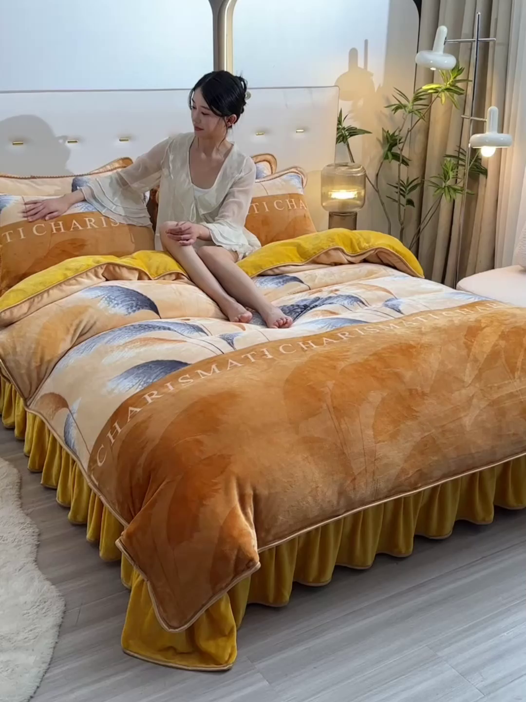 91家纺网 家纺一手货源 找家纺 亿品2025直播爆款9.5斤牛奶绒四件套加厚保暖床裙四件套 秋风十里