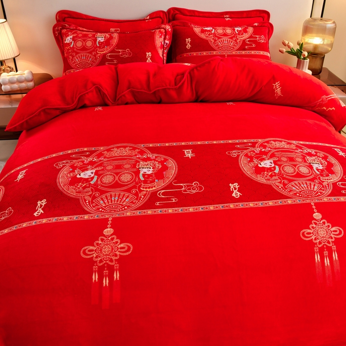 91家纺网 家纺一手货源 找家纺 雨洋2025新款加厚保暖8.5斤牛奶绒金貂婴儿绒四件套永结同心