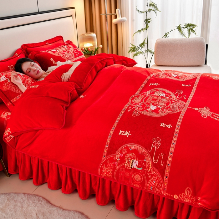 91家纺网 家纺一手货源 找家纺 雨洋2025新款加厚保暖8.5斤牛奶绒金貂婴儿绒四件套永结同心