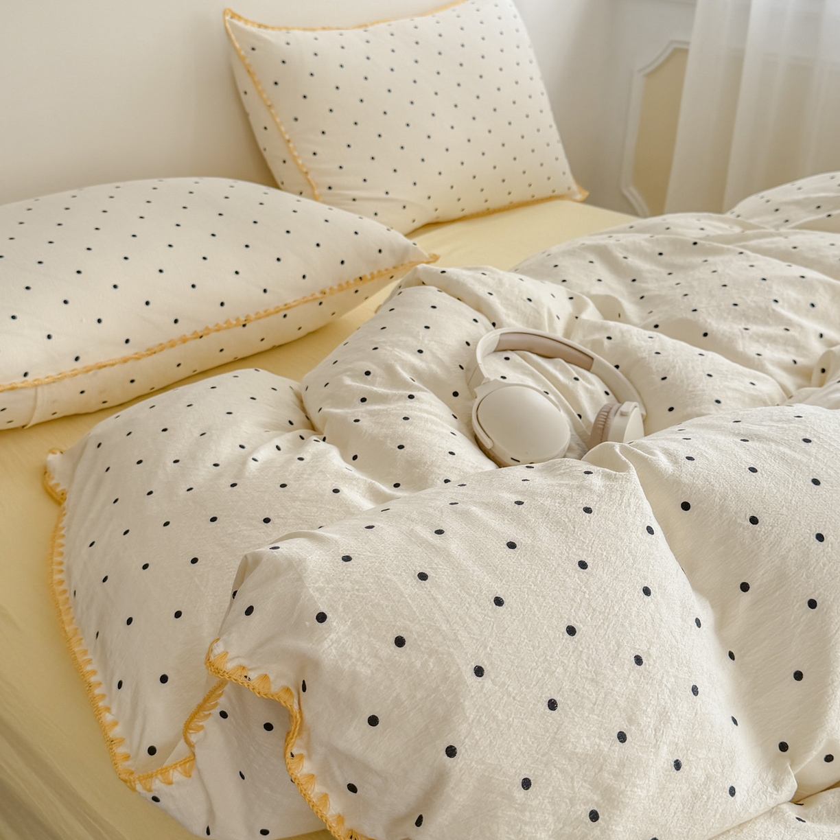 91家纺网 家纺一手货源 找家纺 晚爱家纺（原晚安家居） 2025新款云感双层纱贝壳边三角针工艺卡通小清新小碎花四件套 波点黄