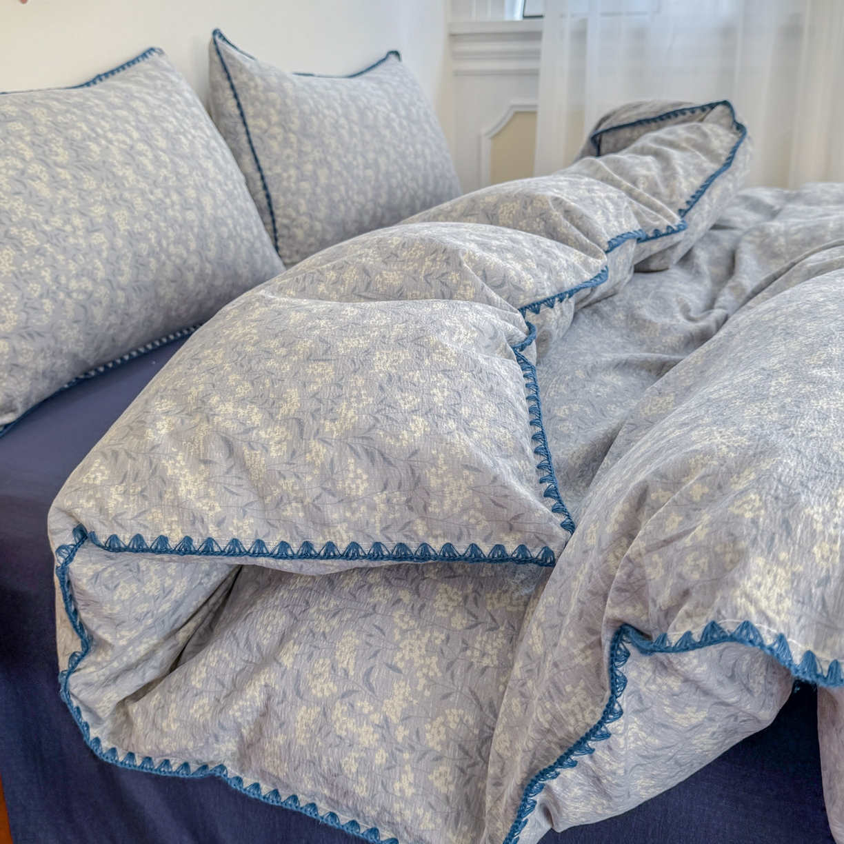 晚爱家纺（原晚安家居） 2025新款云感双层纱贝壳边三角针工艺卡通小清新小碎花四件套 兰亭序