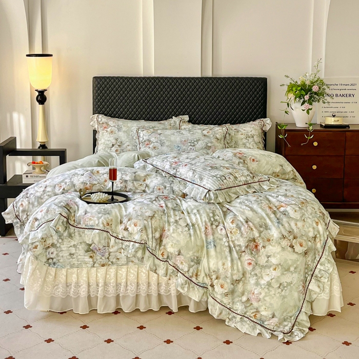 胜权家纺 2025秋冬新款全棉法式13372数码印花夹棉床盖四件套系列 花非花绿