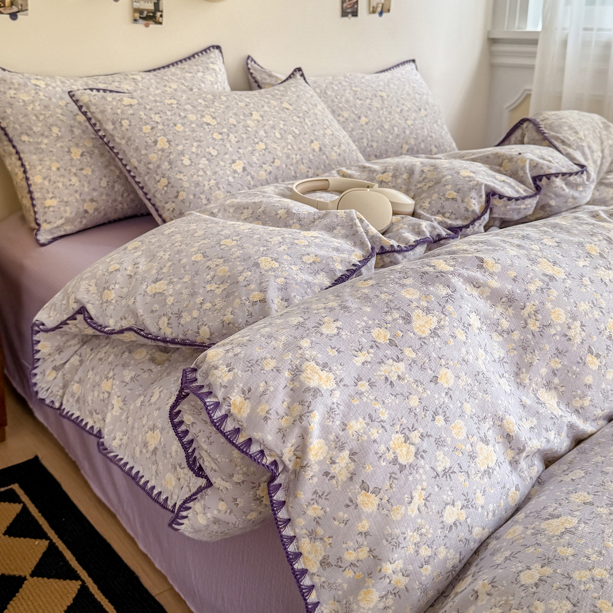 晚爱家纺（原晚安家居） 2025新款云感双层纱贝壳边三角针工艺卡通小清新小碎花四件套 紫菊梗