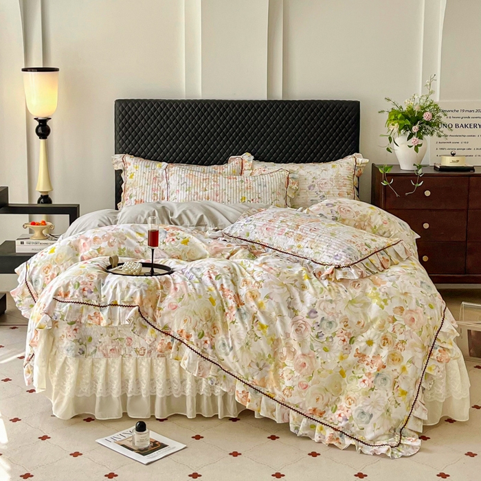 91家纺网 家纺一手货源 找家纺 胜权家纺 2025秋冬新款全棉法式13372数码印花夹棉床盖四件套系列 锦绣繁华绿