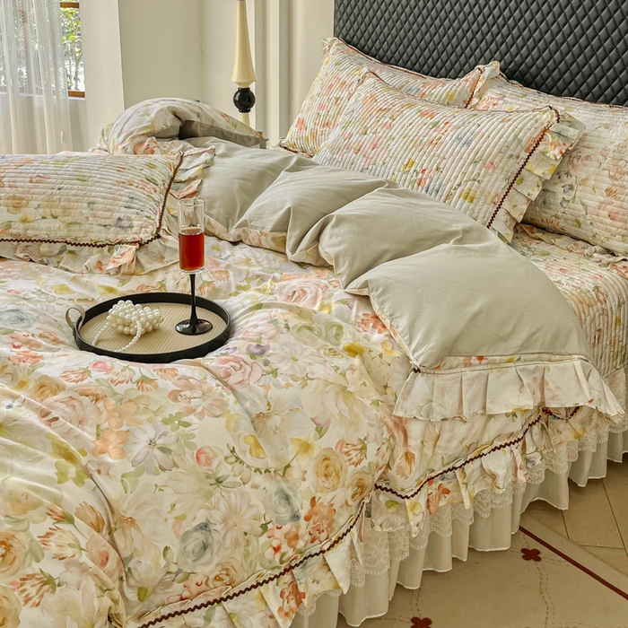 91家纺网 家纺一手货源 找家纺 胜权家纺 2025秋冬新款全棉法式13372数码印花夹棉床盖四件套系列 锦绣繁华绿