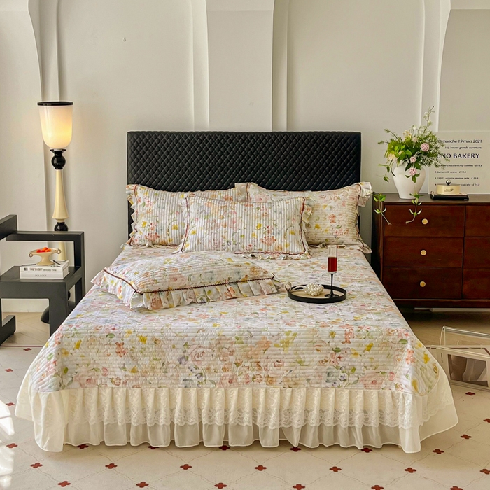 91家纺网 家纺一手货源 找家纺 胜权家纺 2025秋冬新款全棉法式13372数码印花夹棉床盖四件套系列 锦绣繁华绿