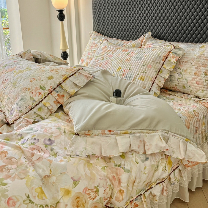 91家纺网 家纺一手货源 找家纺 胜权家纺 2025秋冬新款全棉法式13372数码印花夹棉床盖四件套系列 锦绣繁华绿