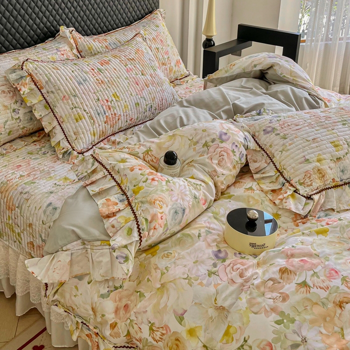 91家纺网 家纺一手货源 找家纺 胜权家纺 2025秋冬新款全棉法式13372数码印花夹棉床盖四件套系列 锦绣繁华绿