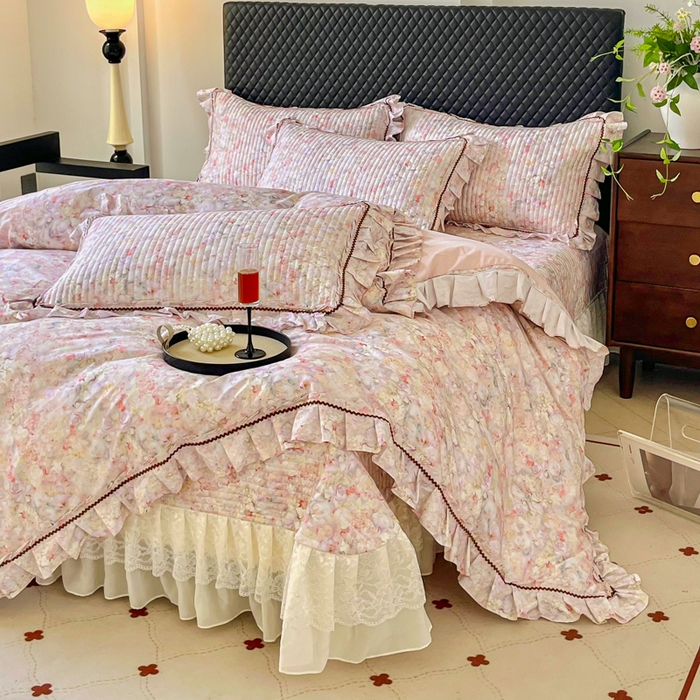 91家纺网 家纺一手货源 找家纺 胜权家纺 2025秋冬新款全棉法式13372数码印花夹棉床盖单品系列 妙颜粉