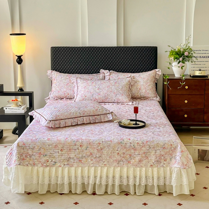 胜权家纺 2025秋冬新款全棉法式13372数码印花夹棉床盖单品系列 妙颜粉