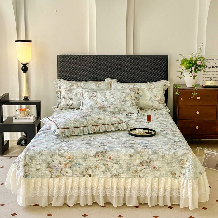 胜权家纺 2025秋冬新款全棉法式13372数码印花夹棉床盖单品系列 花非花绿