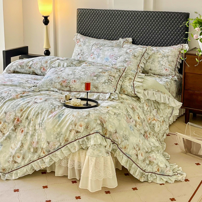 91家纺网 家纺一手货源 找家纺 胜权家纺 2025秋冬新款全棉法式13372数码印花夹棉床盖单品系列 花非花绿