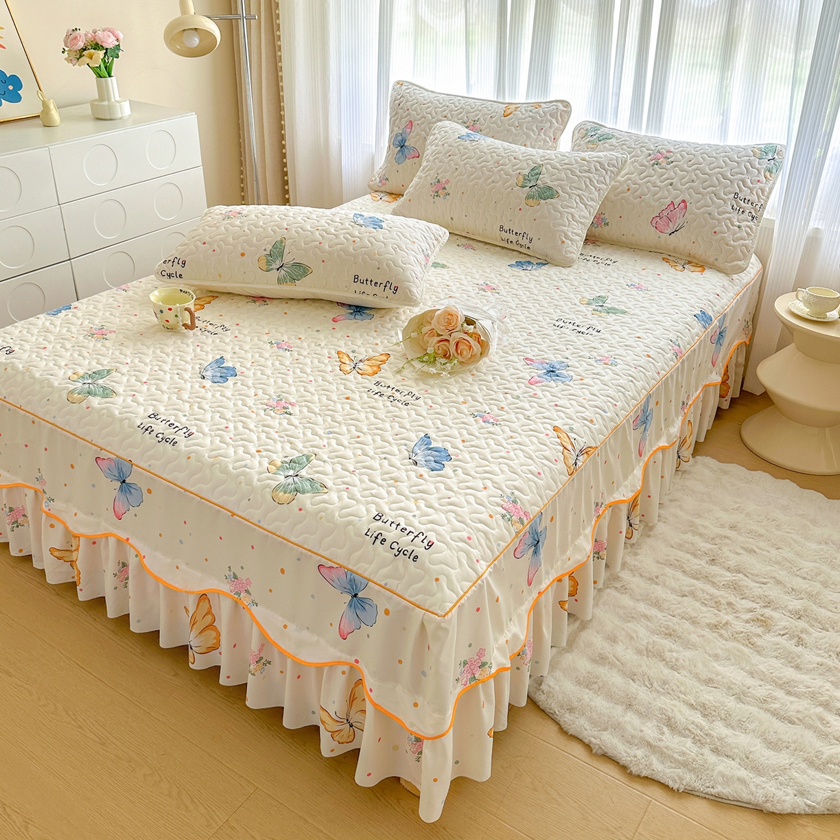 91家纺网 家纺一手货源 找家纺 （总）笠裙家纺 2025新款磨毛【夹棉】S边单件三件套韩版防滑床裙