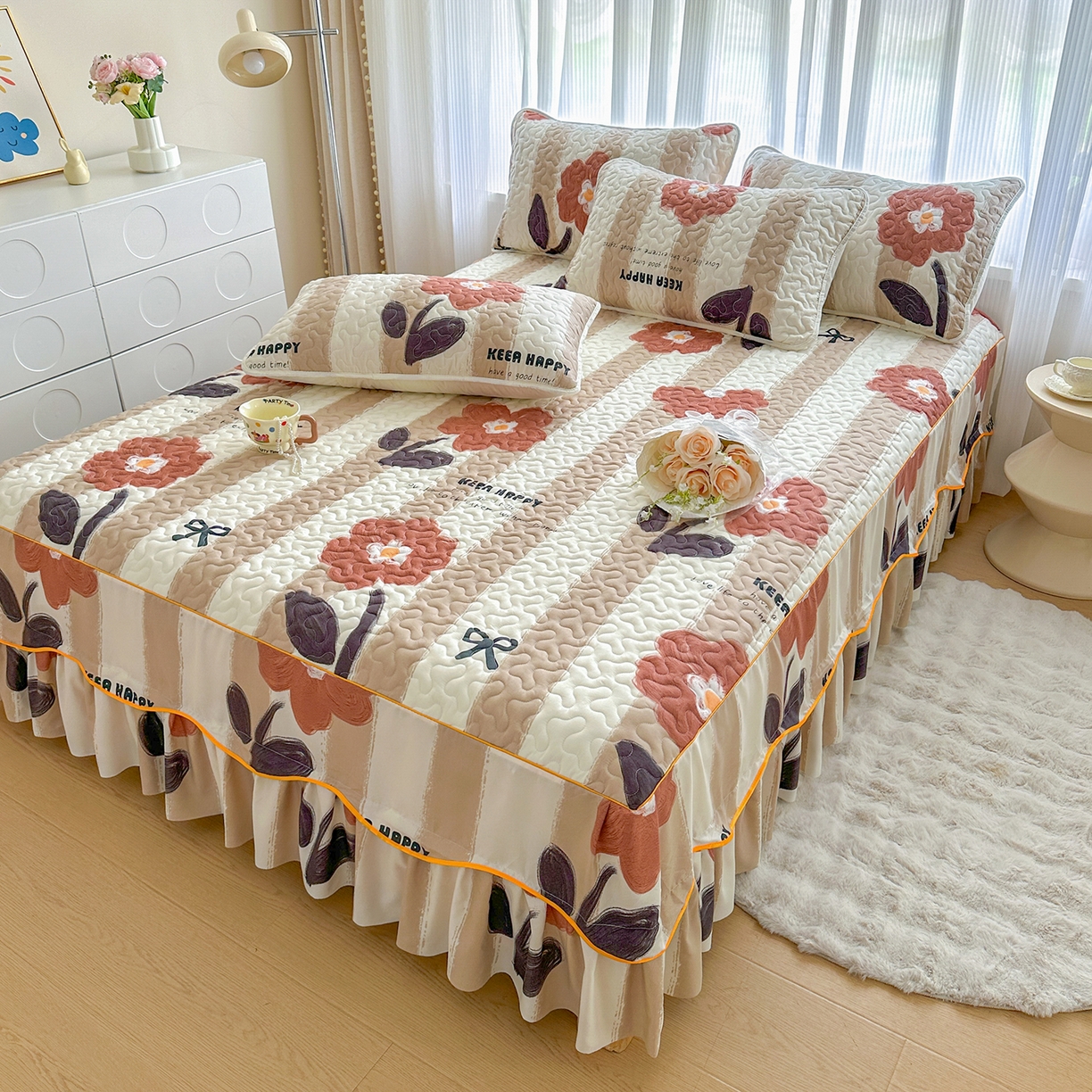 91家纺网 家纺一手货源 找家纺 （总）笠裙家纺 2025新款磨毛【夹棉】S边单件三件套韩版防滑床裙