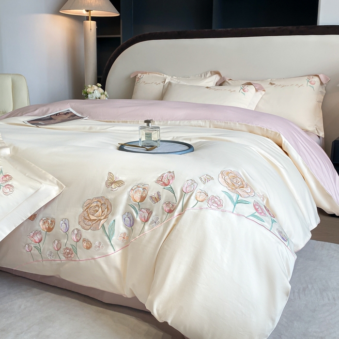 桃园 新款纯棉全棉长绒棉刺绣绣花高端礼盒初暖系列四件套 白粉色