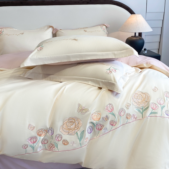 91家纺网 家纺一手货源 找家纺 桃园 新款纯棉全棉长绒棉刺绣绣花高端礼盒初暖系列四件套 白粉色