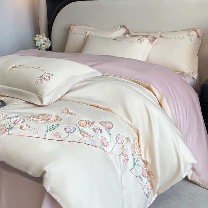 91家纺网 家纺一手货源 找家纺 桃园 新款纯棉全棉长绒棉刺绣绣花高端礼盒初暖系列四件套 白粉色