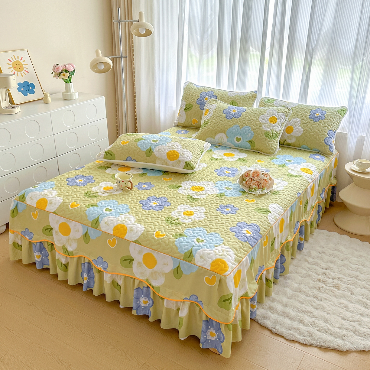 91家纺网 家纺一手货源 找家纺 （总）笠裙家纺 2025新款磨毛【夹棉】S边单件三件套韩版防滑床裙