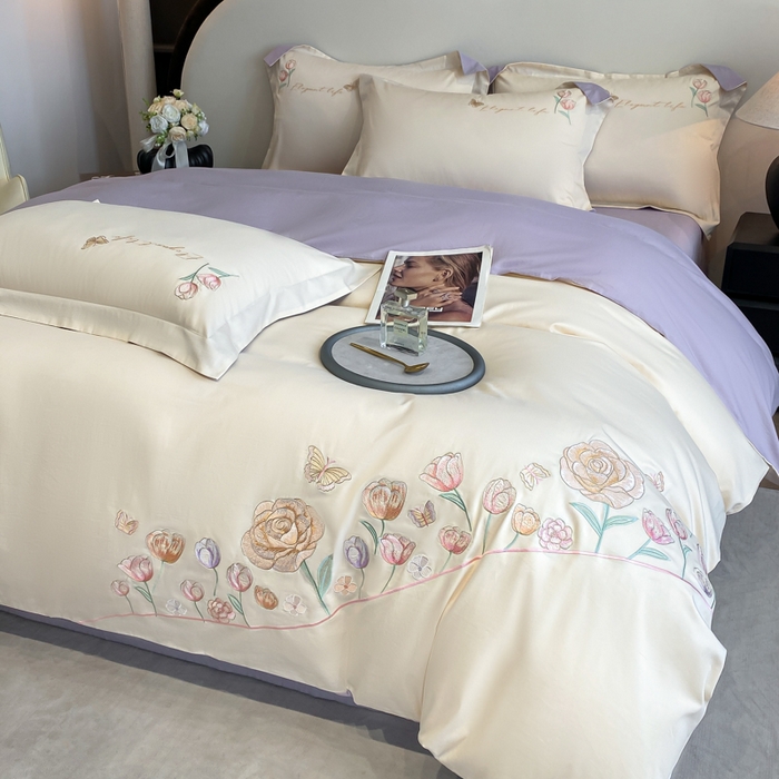 91家纺网 家纺一手货源 找家纺 桃园 新款纯棉全棉长绒棉刺绣绣花高端礼盒初暖系列四件套 白紫色