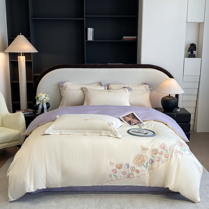 91家纺网 家纺一手货源 找家纺 桃园 新款纯棉全棉长绒棉刺绣绣花高端礼盒初暖系列四件套 白紫色