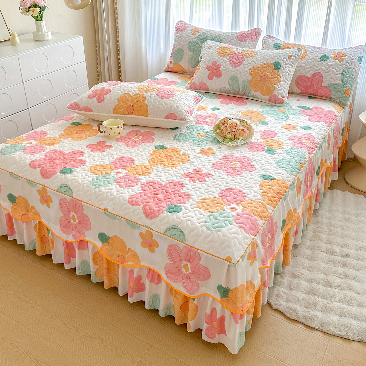 91家纺网 家纺一手货源 找家纺 （总）笠裙家纺 2025新款磨毛【夹棉】S边单件三件套韩版防滑床裙