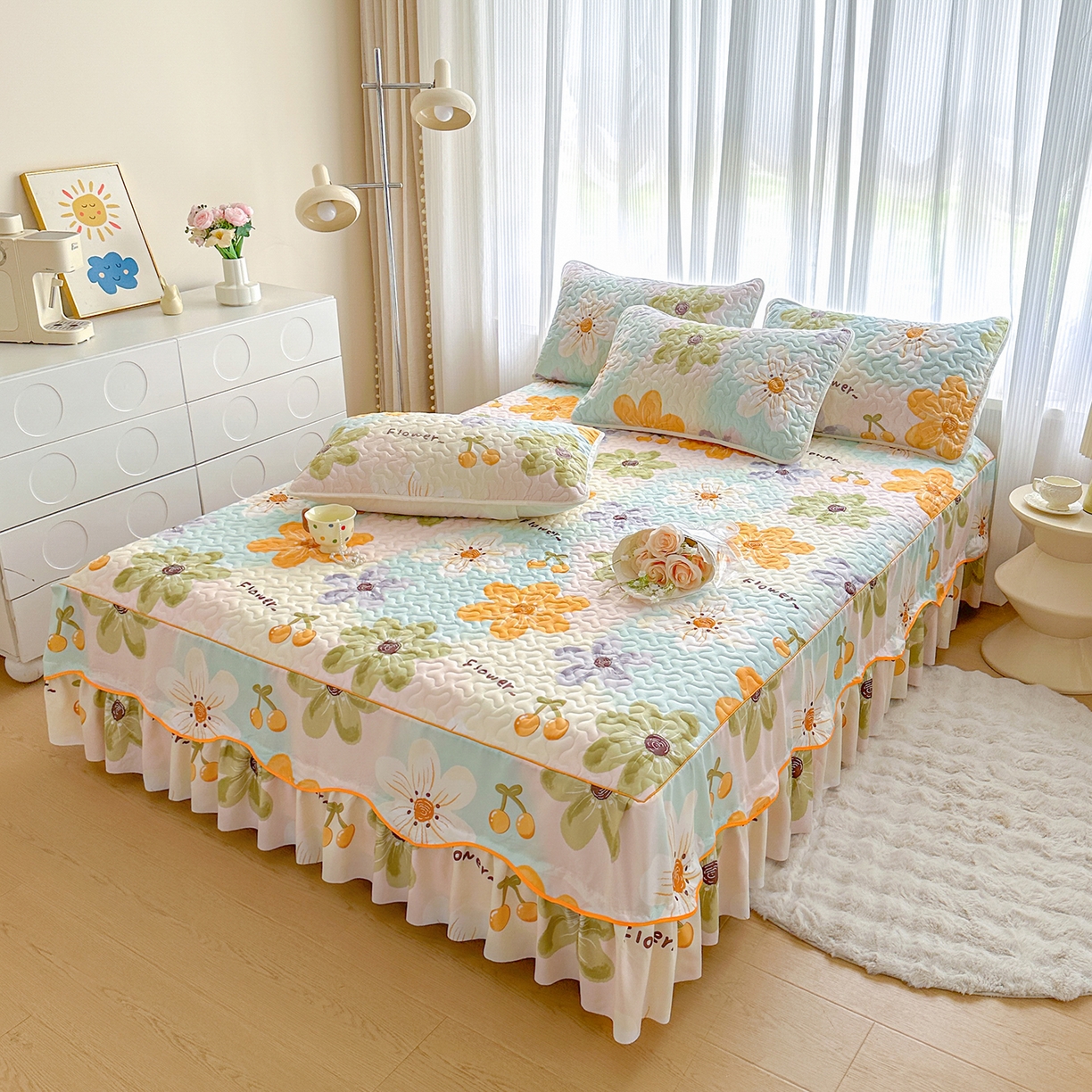 91家纺网 家纺一手货源 找家纺 （总）笠裙家纺 2025新款磨毛【夹棉】S边单件三件套韩版防滑床裙