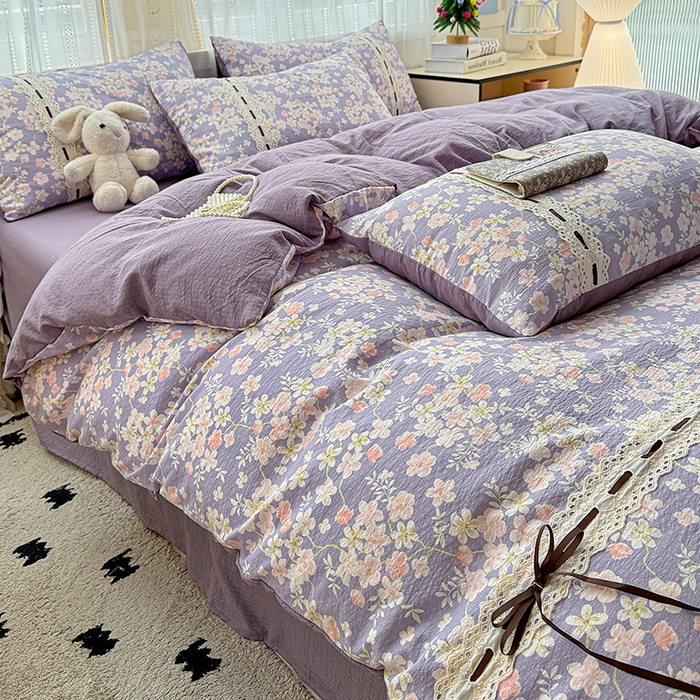 91家纺网 家纺一手货源 找家纺 典曼家纺 2025新款古法花边蝴蝶结四件套 花开满园