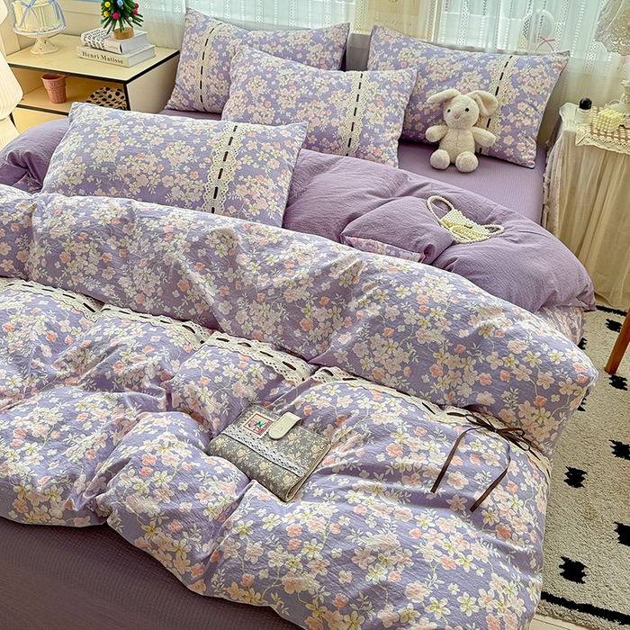 91家纺网 家纺一手货源 找家纺 典曼家纺 2025新款古法花边蝴蝶结四件套 花开满园