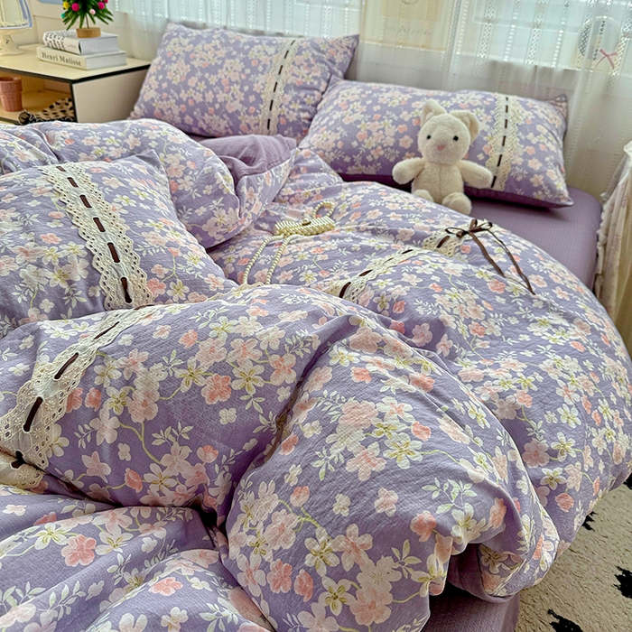 91家纺网 家纺一手货源 找家纺 典曼家纺 2025新款古法花边蝴蝶结四件套 花开满园