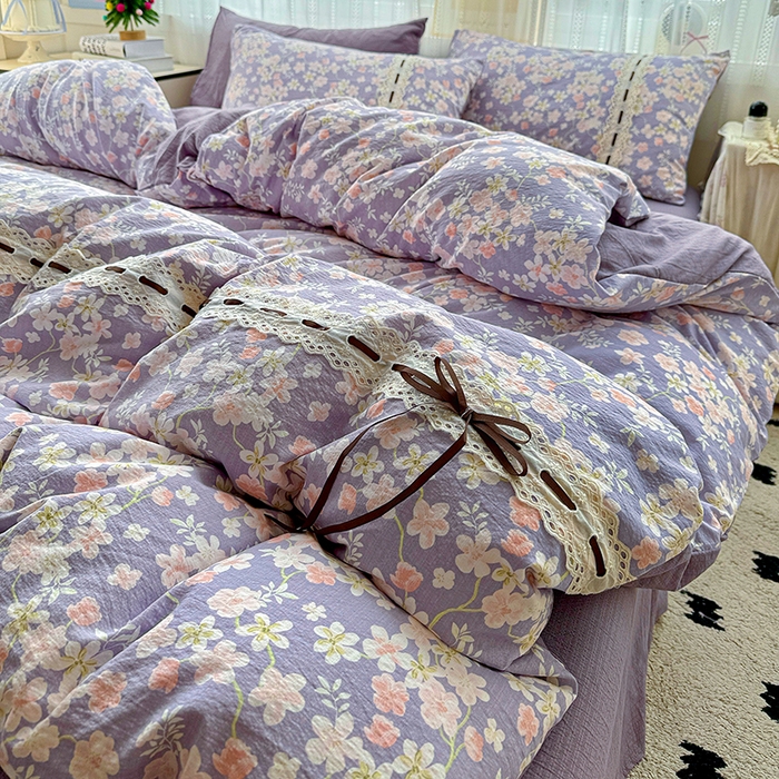 91家纺网 家纺一手货源 找家纺 典曼家纺 2025新款古法花边蝴蝶结四件套 花开满园