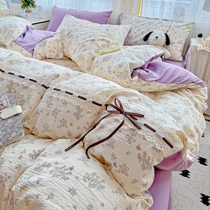 91家纺网 家纺一手货源 找家纺 典曼家纺 2025新款古法花边蝴蝶结四件套 静初