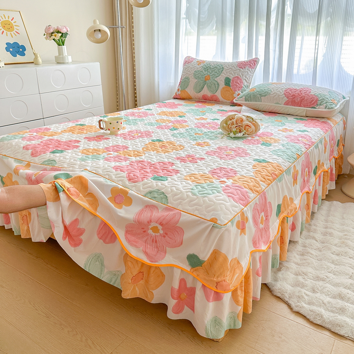 91家纺网 家纺一手货源 找家纺 （总）笠裙家纺 2025新款磨毛【夹棉】S边单件三件套韩版防滑床裙