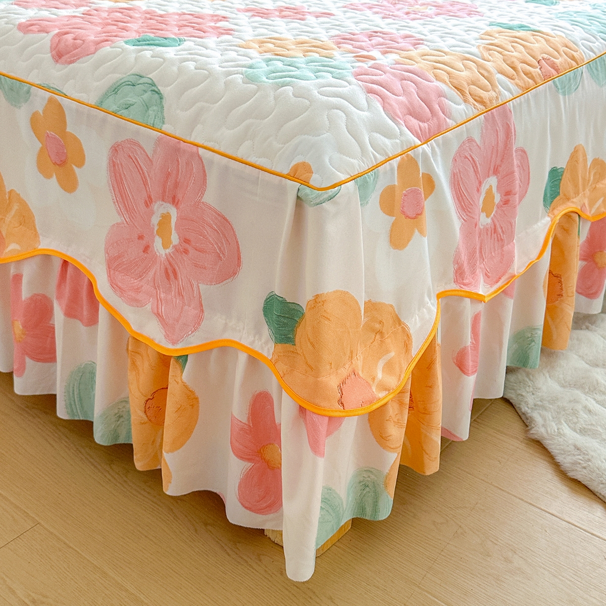 91家纺网 家纺一手货源 找家纺 （总）笠裙家纺 2025新款磨毛【夹棉】S边单件三件套韩版防滑床裙