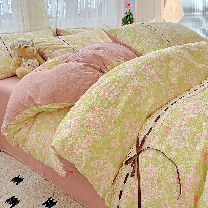 91家纺网 家纺一手货源 找家纺 典曼家纺 2025新款古法花边蝴蝶结四件套 觅秋