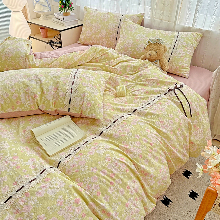 91家纺网 家纺一手货源 找家纺 典曼家纺 2025新款古法花边蝴蝶结四件套 觅秋