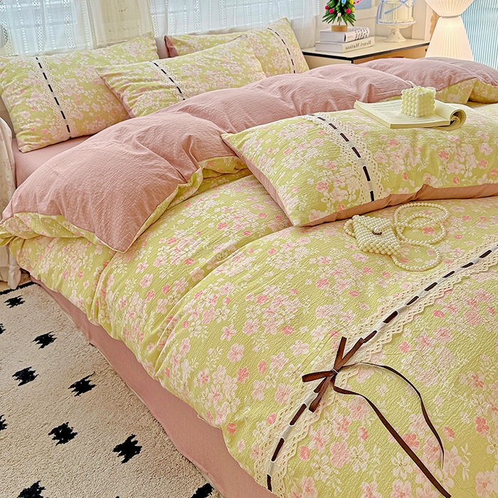 91家纺网 家纺一手货源 找家纺 典曼家纺 2025新款古法花边蝴蝶结四件套 觅秋