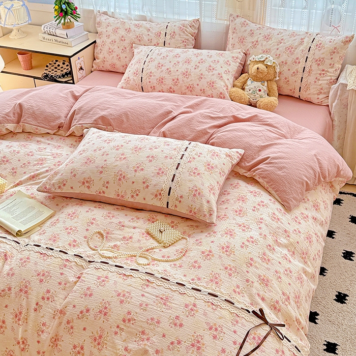 91家纺网 家纺一手货源 找家纺 典曼家纺 2025新款古法花边蝴蝶结四件套 雅漫花语