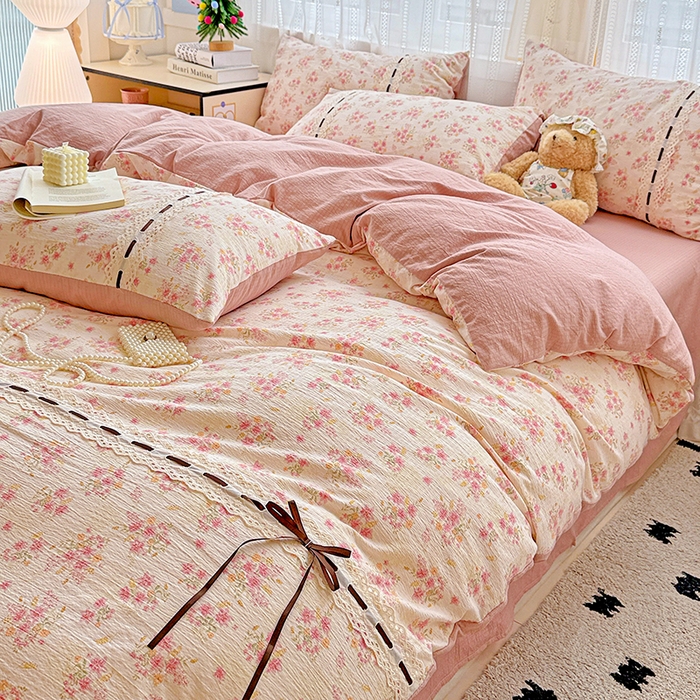 91家纺网 家纺一手货源 找家纺 典曼家纺 2025新款古法花边蝴蝶结四件套 雅漫花语