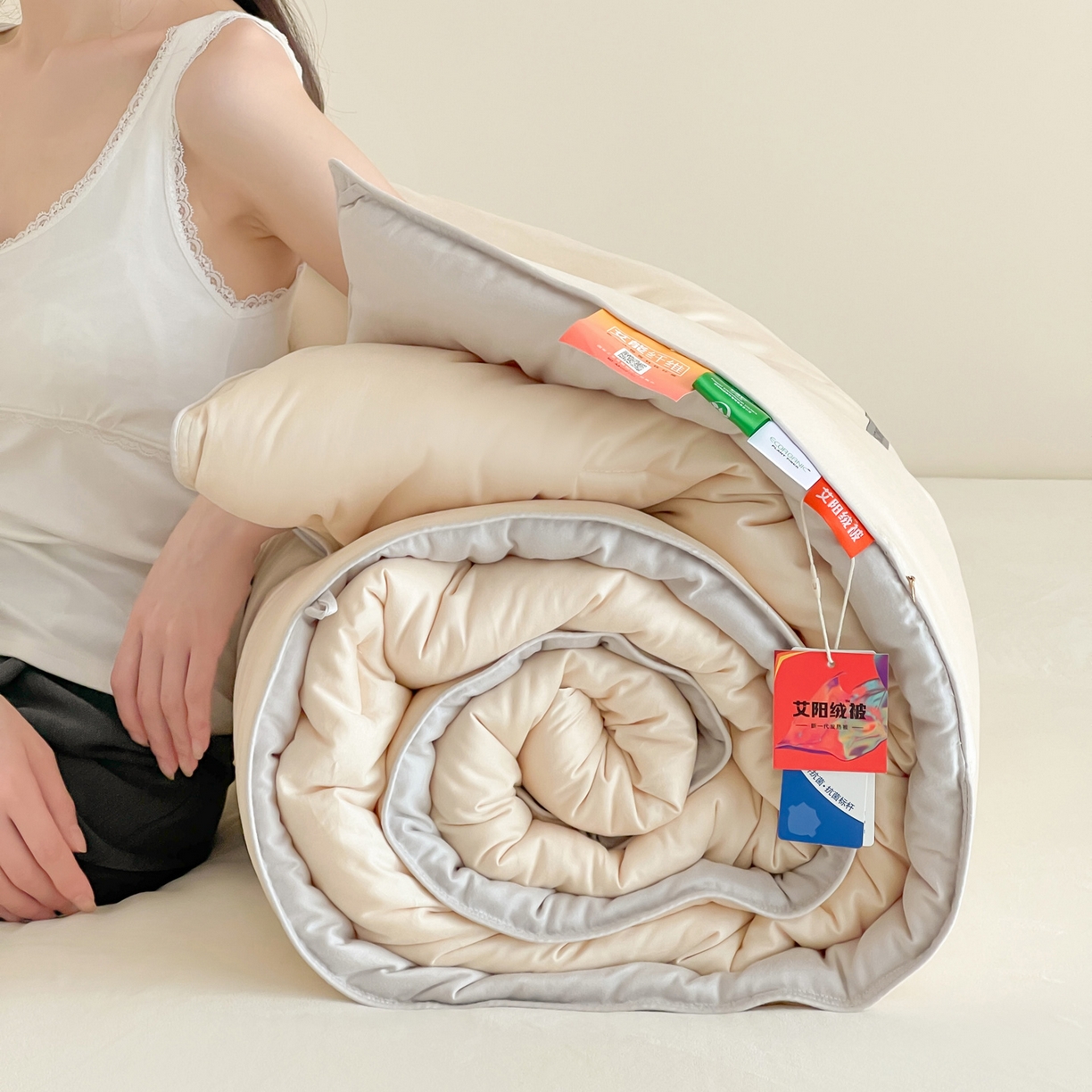 91家纺网 家纺一手货源 找家纺 一加一 2025新款有氧棉艾阳绒中科抗菌被子被芯 摩卡-米