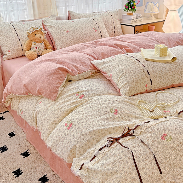 91家纺网 家纺一手货源 找家纺 典曼家纺 2025新款古法花边蝴蝶结四件套 悠然雅居