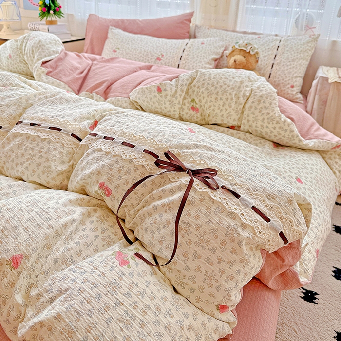 91家纺网 家纺一手货源 找家纺 典曼家纺 2025新款古法花边蝴蝶结四件套 悠然雅居