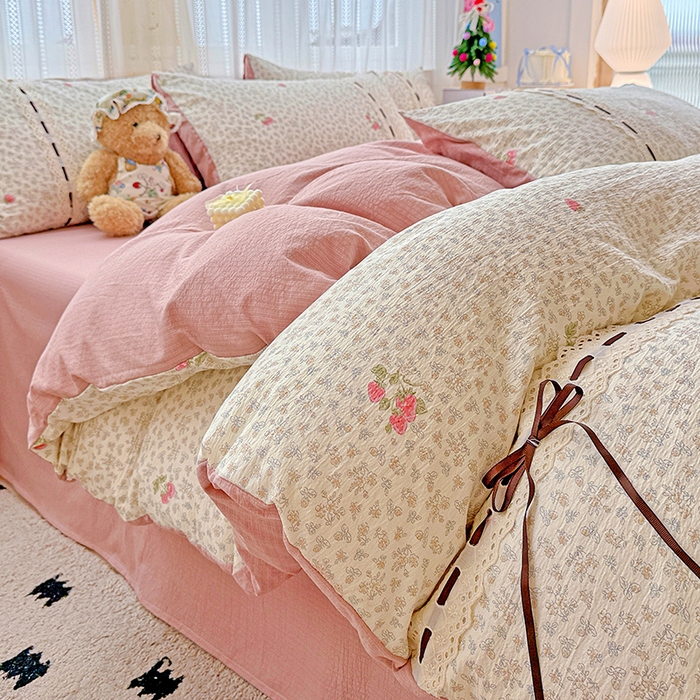 91家纺网 家纺一手货源 找家纺 典曼家纺 2025新款古法花边蝴蝶结四件套 悠然雅居