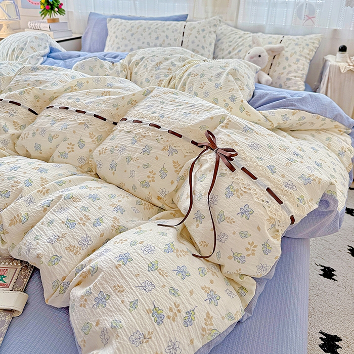 91家纺网 家纺一手货源 找家纺 典曼家纺 2025新款古法花边蝴蝶结四件套 鸢尾兰