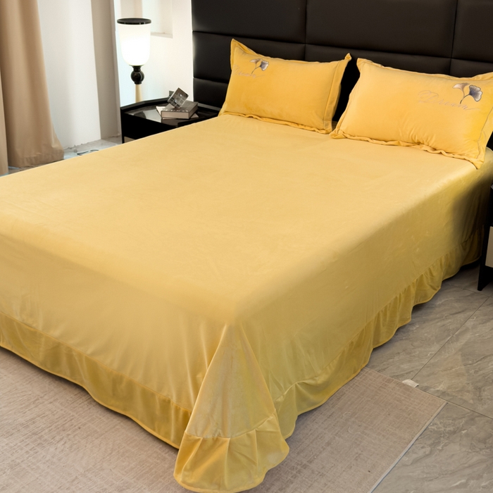 91家纺网 家纺一手货源 找家纺 U品汇 2025新款7斤高克重牛奶绒刺绣花四件套床裙款法莱绒金貂珊瑚绒水晶绒不掉毛 银杏叶-柠檬黄