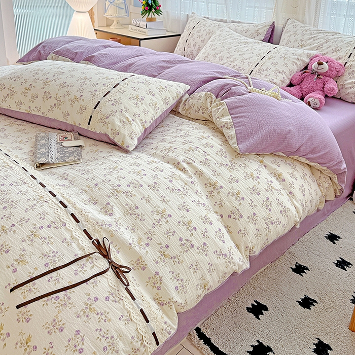 91家纺网 家纺一手货源 找家纺 典曼家纺 2025新款古法花边蝴蝶结四件套 紫郁