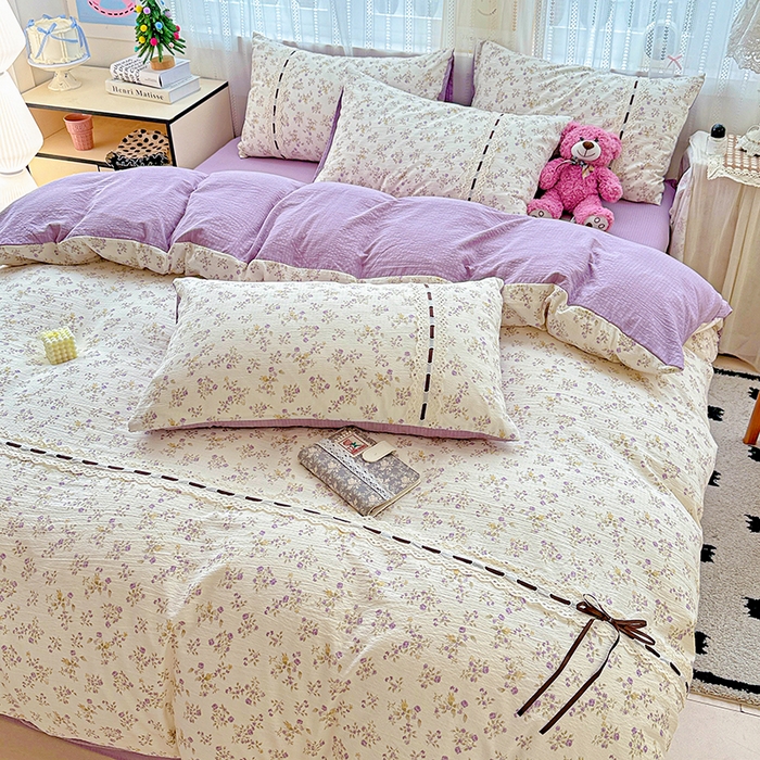 91家纺网 家纺一手货源 找家纺 典曼家纺 2025新款古法花边蝴蝶结四件套 紫郁